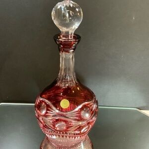 Vintage Wine Liquor Decanter Cranberry Cut to Clear Czech Glass #62